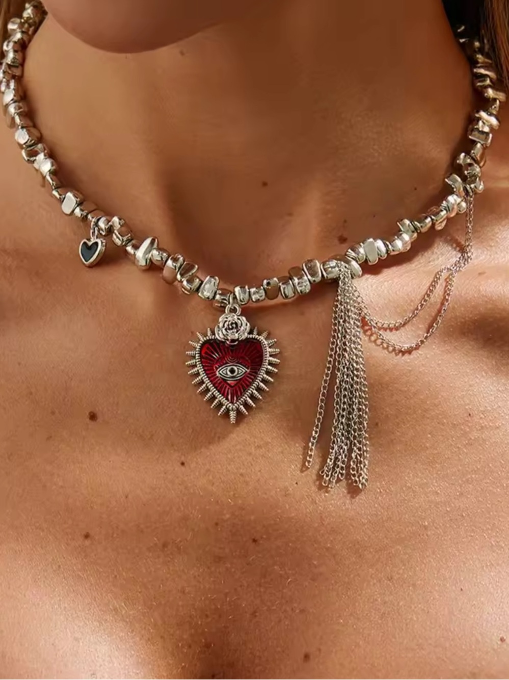 Silver Chain Necklace with Red Heart Eye Pendant